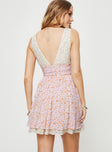 Floral print mini dress Fixed shoulder straps, v-neckline, ruched waistband, invisible zip fastening at side