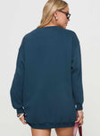 back view of model wearing Princess Polly New York Minute Mini Sweatshirt Dress Navy Crew Neck 