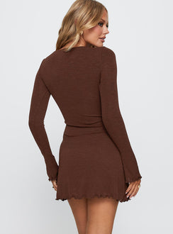back view of model wearing Princess Polly Dejonge Ring Mini Dress Brown Crew Neck 