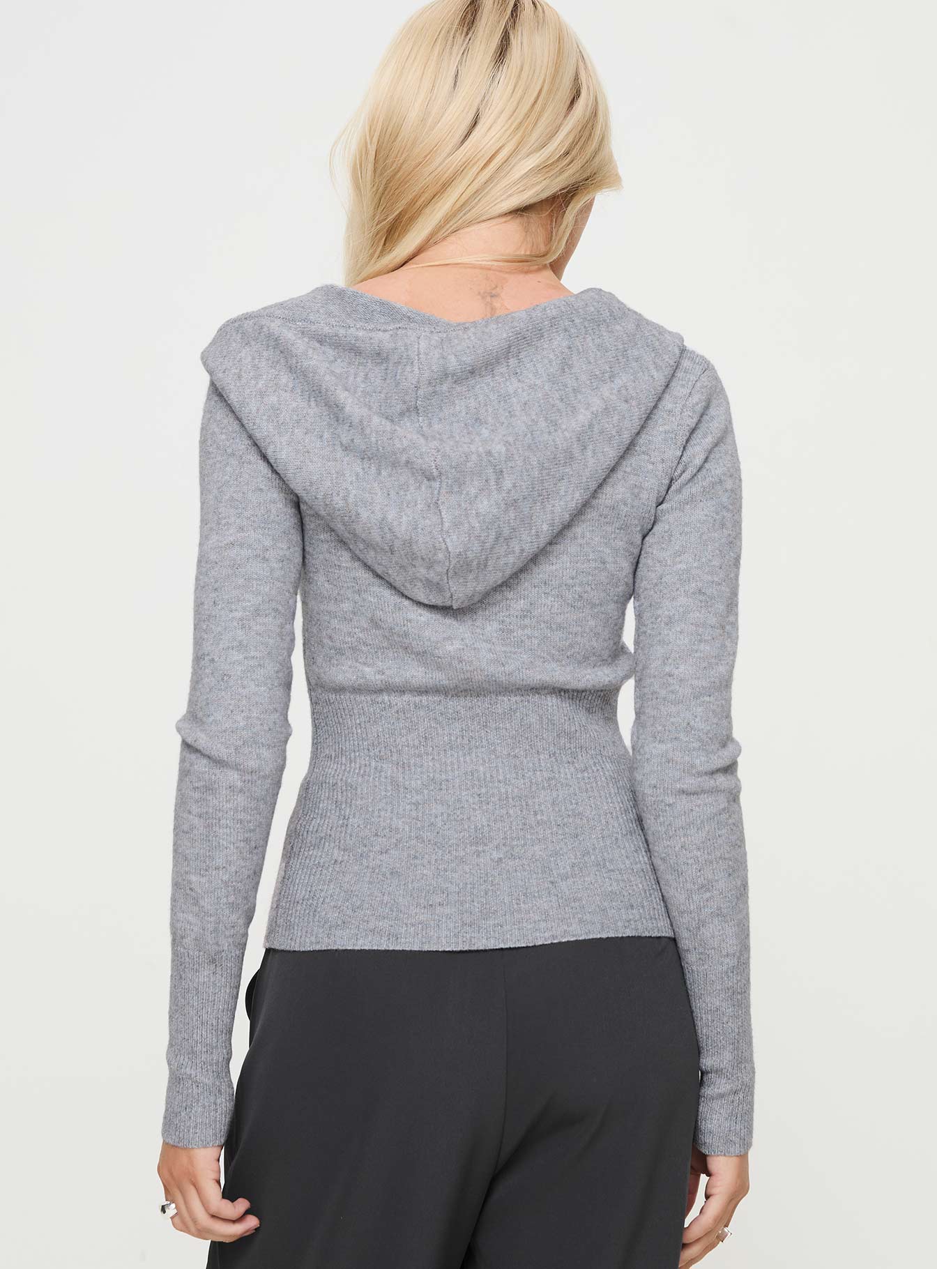back view of model wearing Princess Polly Elingford Zip Up Hooded Sweater Lilac Marle Long 