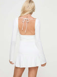 back view of model wearing Princess Polly Sybella Long Sleeve Mini Dress White V-Neck 