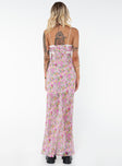 Floral print maxi dress Lace trimming, Fixed stretchy straps, V neckline, Adjustable tie at bust, Invisible zip at side, Shirred back panel