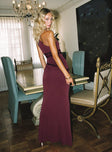 back view of model wearing Princess Polly Ultraviolet One Shoulder Lace Maxi Dress Wine Asymmetric Neckline 