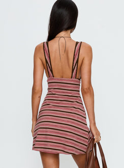 Alyza V Neck Mini Dress Brown / Red Stripe