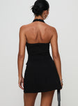 back view of model wearing Princess Polly Emanuela Halter Mini Dress Black V-Neck 