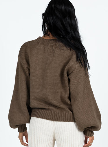Harmony Balloon Sleeve Knit Sweater Dark Brown