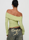 back view of model wearing Princess Polly Back With Love Off Shoulder Long Sleeve Top Green Full Sleeves straight 