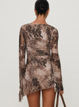 back view of model wearing Princess Polly Suareza Long Sleeve Mini Dress Leopard Sweetheart Neckline 