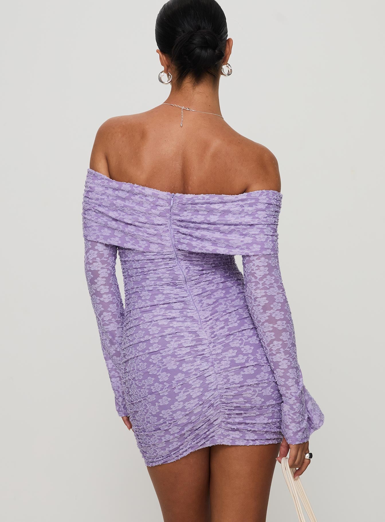 back view of model wearing Princess Polly Intereste Long Sleeve Mini Dress Purple Straight Neck 