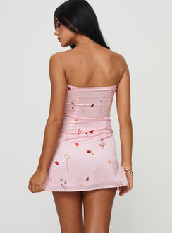 back view of model wearing Princess Polly Irena Strapless Mini Dress Pink Floral Sweetheart Neckline 