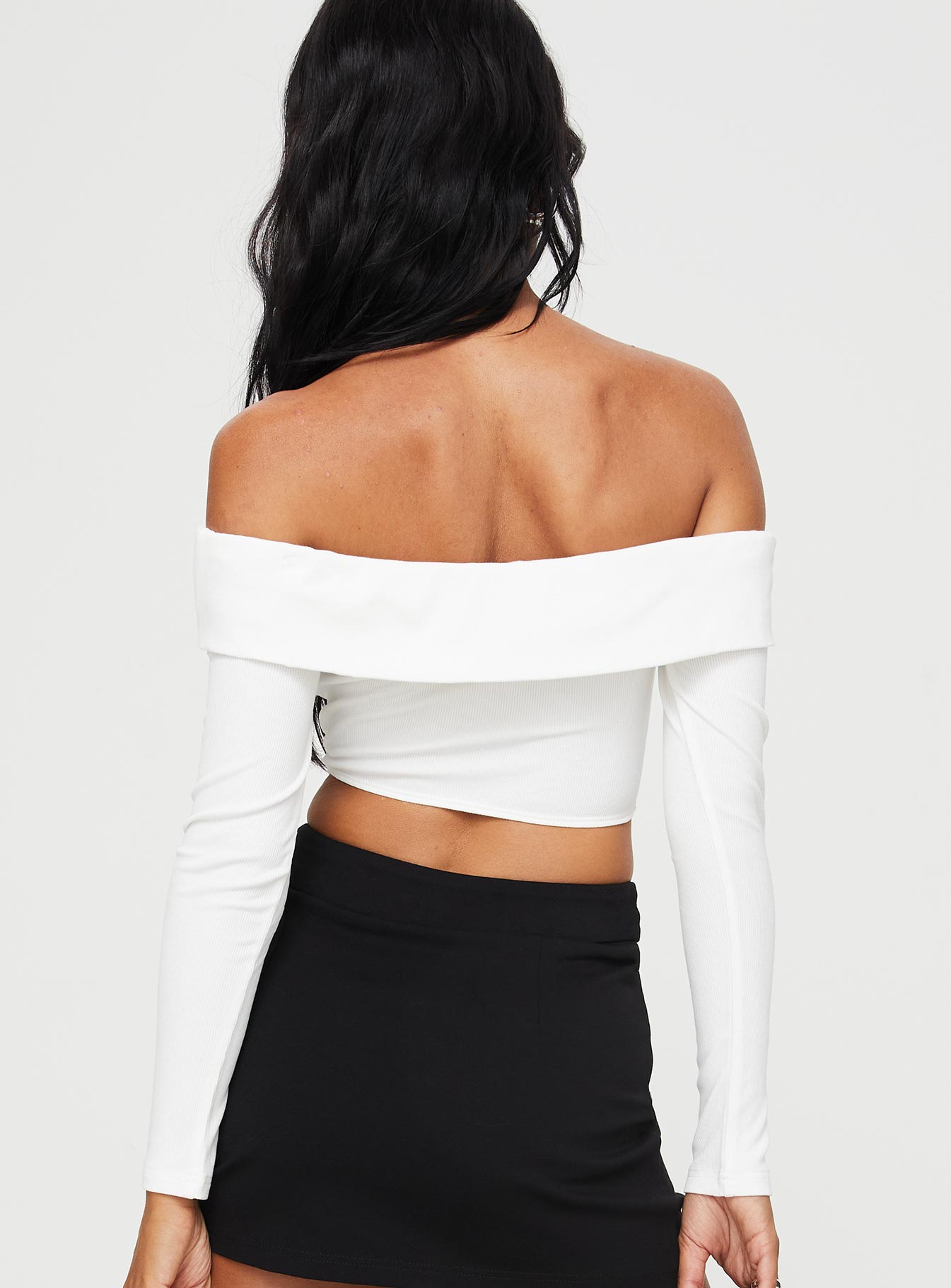 back view of model wearing Princess Polly Kaeshia Rib Off The Shoulder Bustier White Full Sleeves straight 