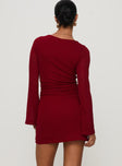 back view of model wearing Princess Polly Epiphany Long Sleeve Mini Dress Burgundy High Neck 