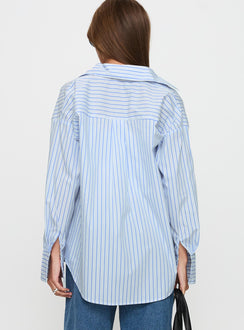 back view of model wearing Princess Polly Mallin Shirt Blue / White Stripe Full Sleeves V-Neck 