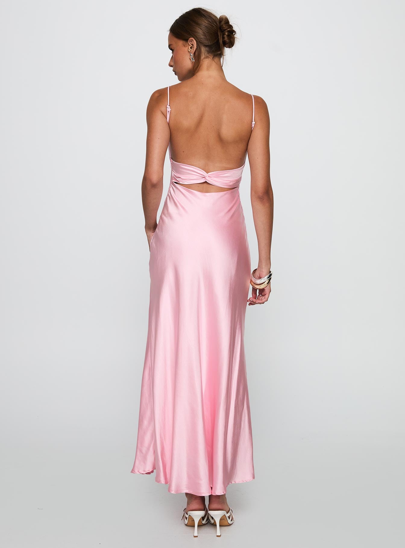 back view of model wearing Princess Polly Penelopi Maxi Dress Pink Sweetheart Neckline 
