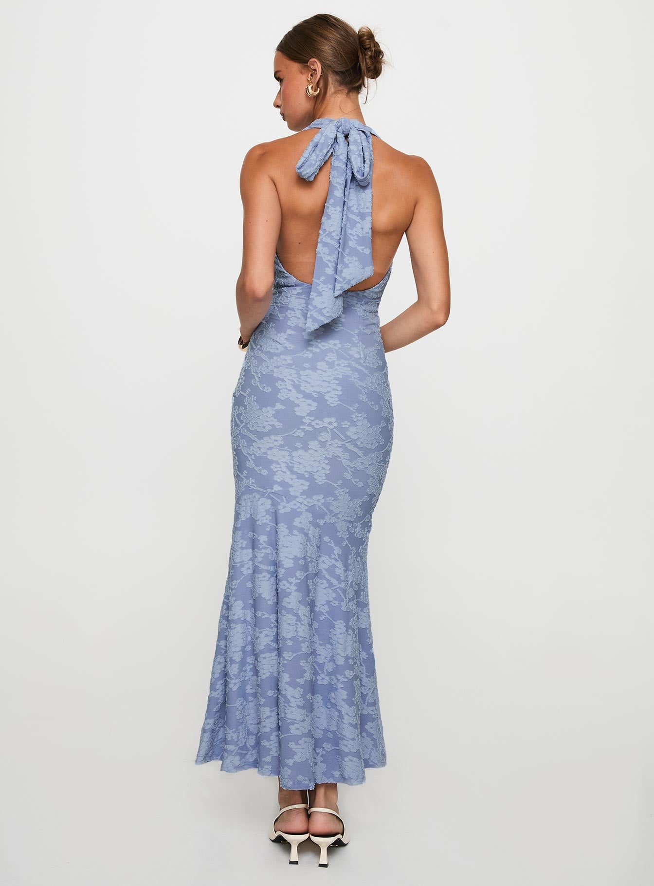 back view of model wearing Princess Polly Aymie Halter Maxi Dress Blue Cowl Neck 