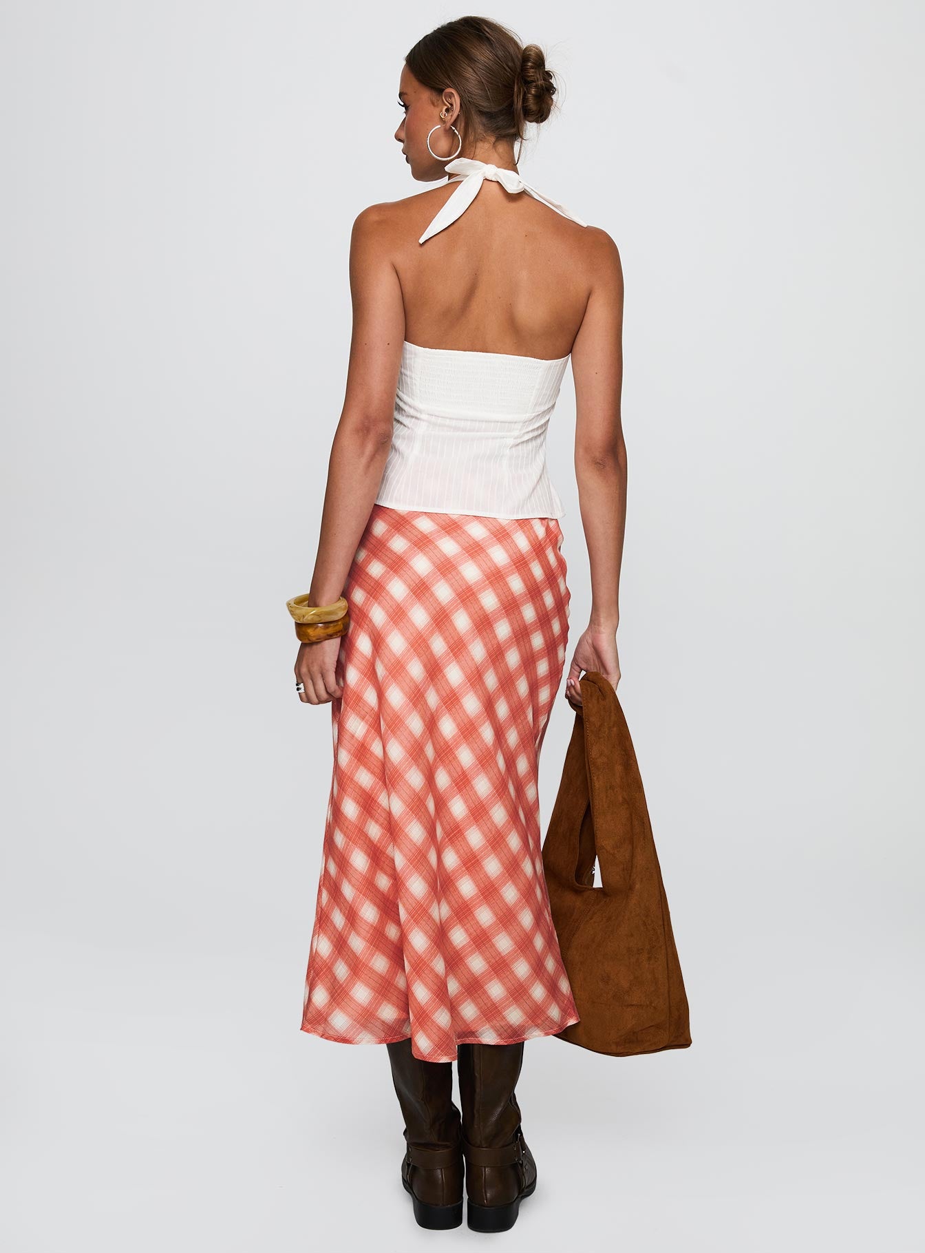 back view of model wearing Princess Polly Living Color Maxi Skirt Orange Gingham Midi Skirts 