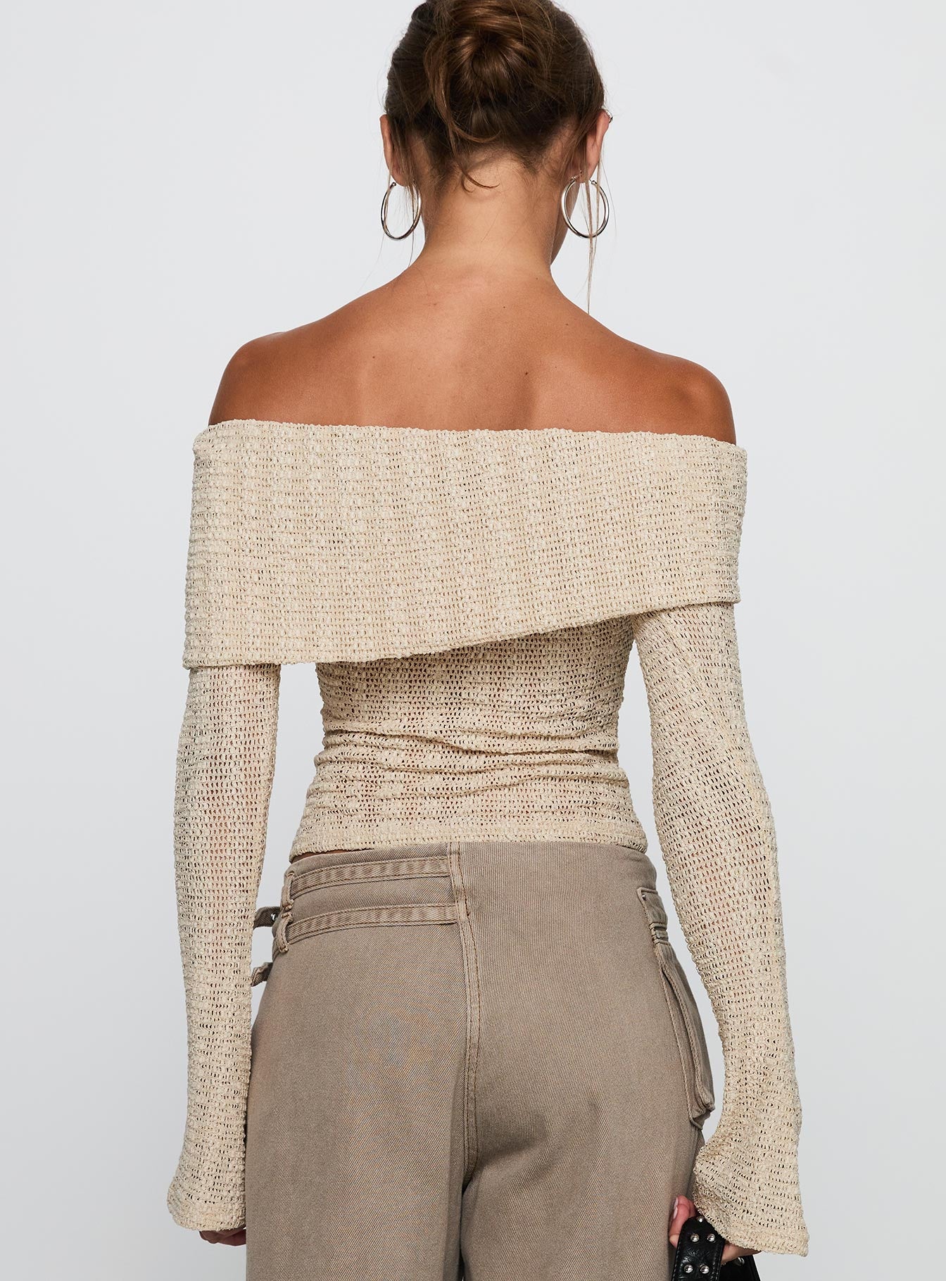back view of model wearing Princess Polly Cardamom Long Sleeve Top Beige Full Sleeves straight 