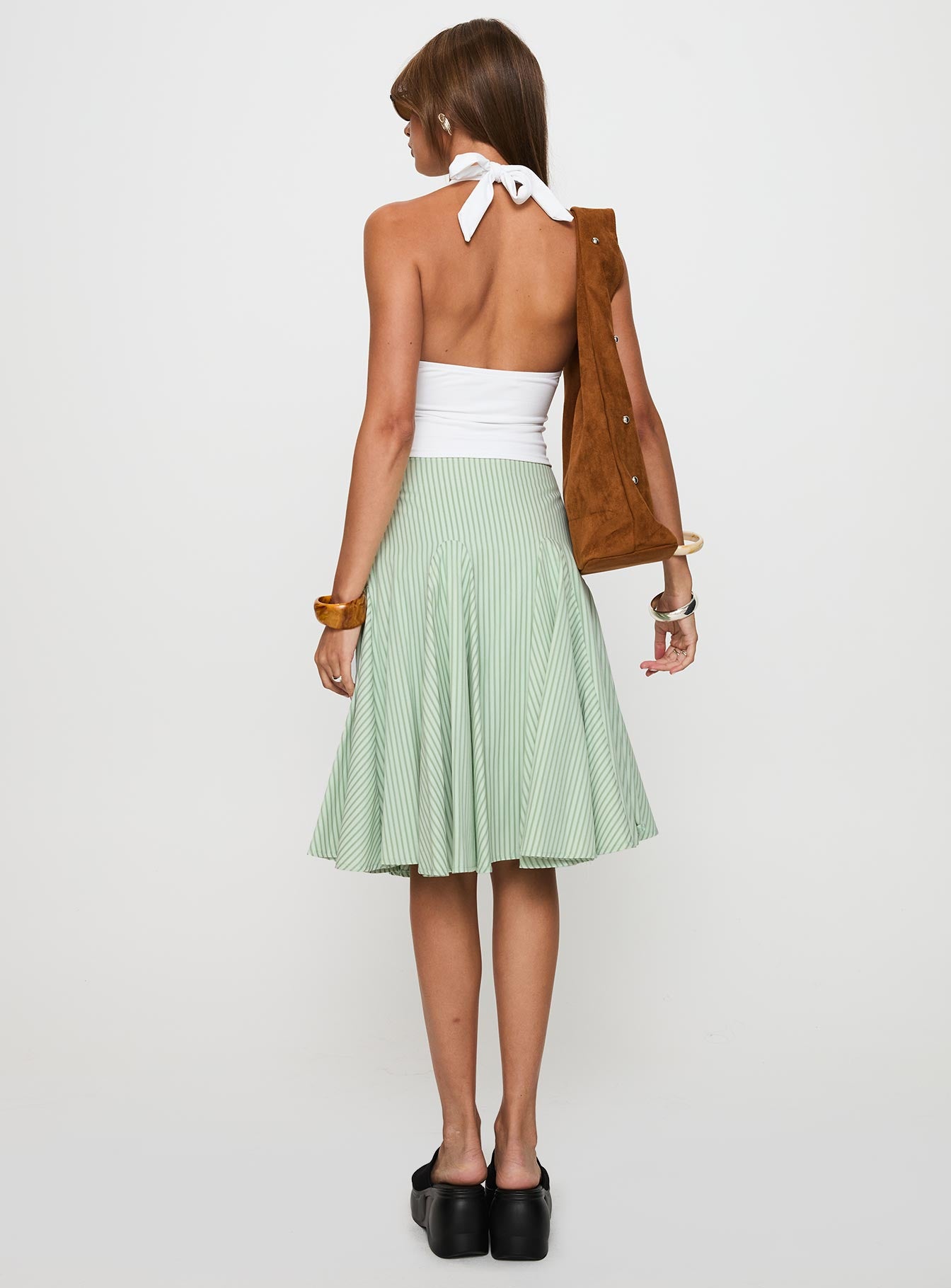 back view of model wearing Princess Polly Evangaleine Pleat Midi Skirt Green / White Midi Skirts 