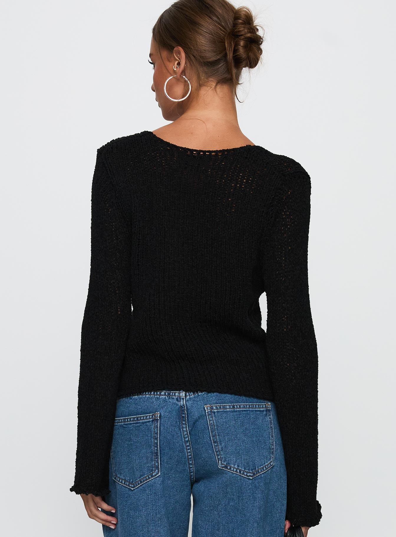 back view of model wearing Princess Polly Swain Knit Cardigan Black Cropped Jumpers 