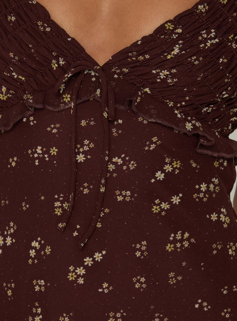 Morcar Frill V Neck Maxi Dress Brown / Yellow Floral
