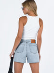 back view of model wearing Princess Polly Laurena Denim Shorts Lower Impact High Waisted Shorts 