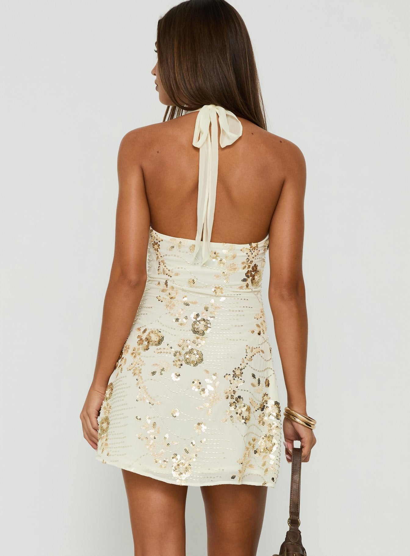 Verdanea Halter Beaded Mini Dress Gold