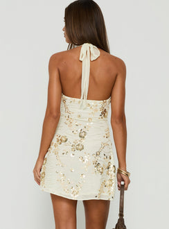 Verdanea Halter Beaded Mini Dress Gold