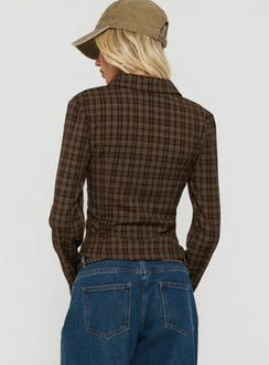 Kinori Long Sleeve Zip Down Top Brown Check