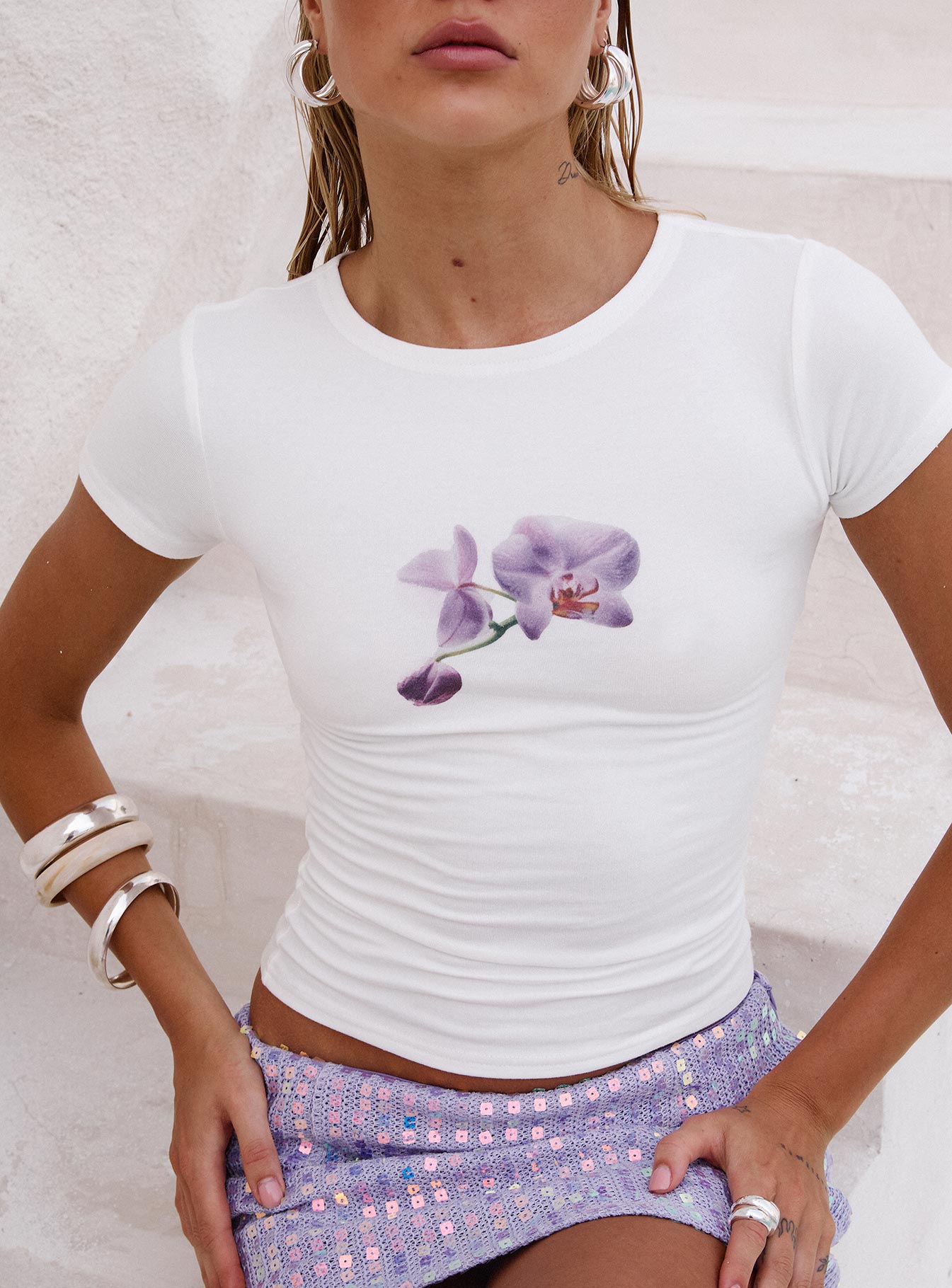 front view of model wearing Princess Polly New Light Graphic Top White Short Sleeves Crew Neck 