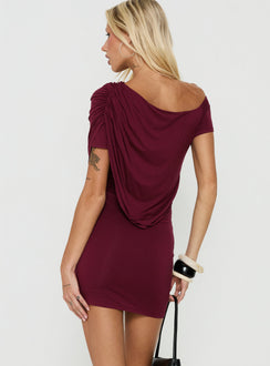 Florencie Draped Off Shoulder Mini Dress Wine