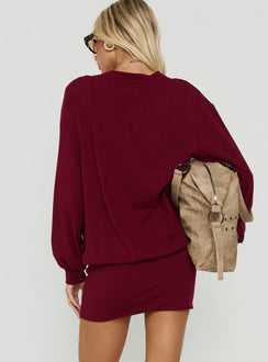 Solena Blouson V Neck Knit Mini Dress Burgundy