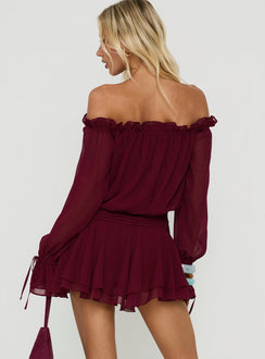 Felicita Off Shoulder Long Sleeve Chiffon Mini Dress Cherry