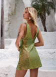 back view of model wearing Princess Polly Porscha Shimmer Mini Dress Green Plunger 