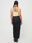 Dark wash maxi skirt, mid rise Mid wash denim, belt looped waist, zip and button fastening, five pocket design, high slit at front