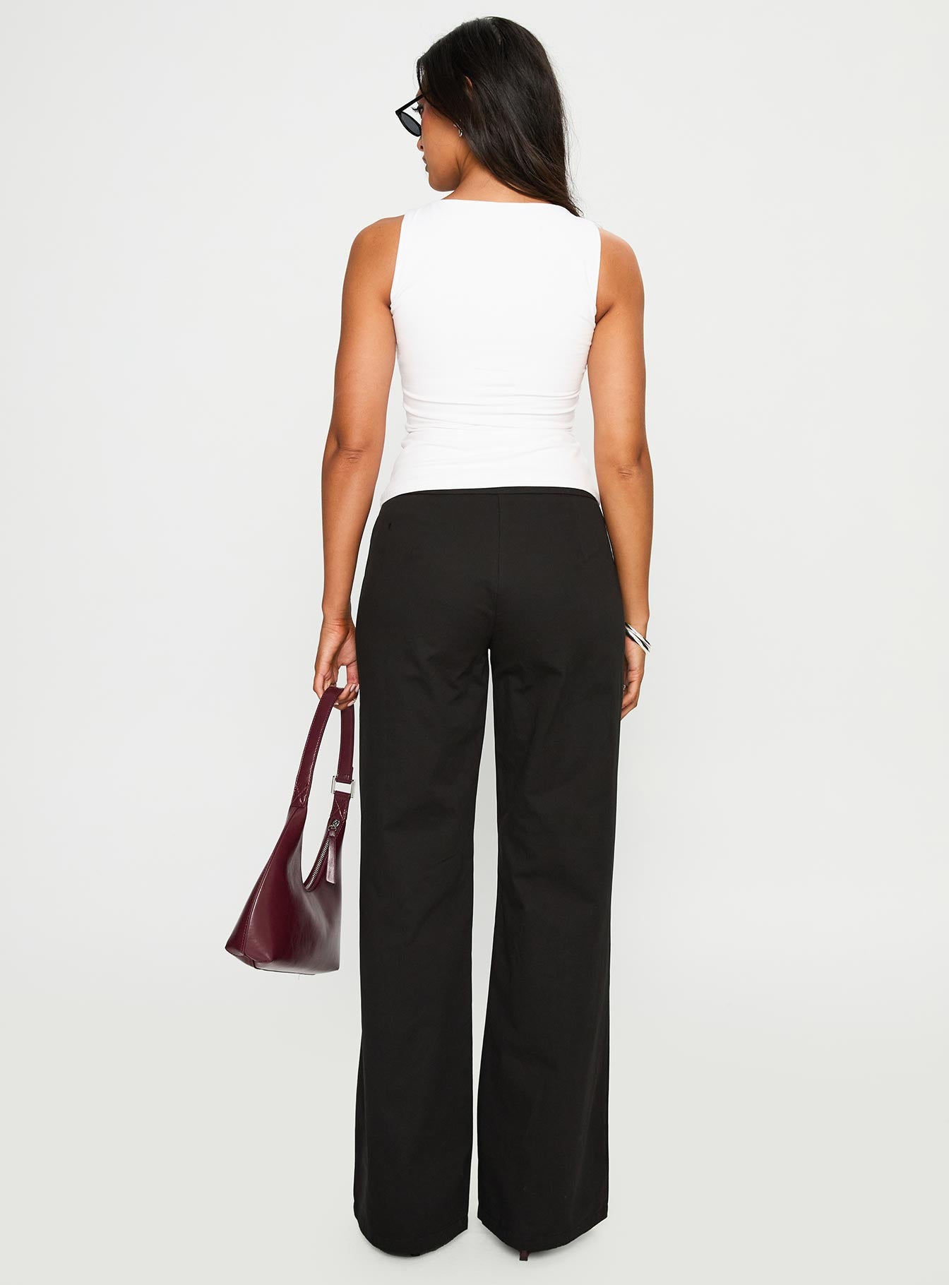 back view of model wearing Princess Polly Lucetta Wide Leg Pant Black Low Rise Pants 