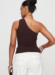 back view of model wearing Princess Polly Valoria Top Brown Sleeveless Asymmetric Neckline 