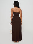 back view of model wearing Princess Polly Bellaire Strapless Maxi Dress Brown Straight Neck 