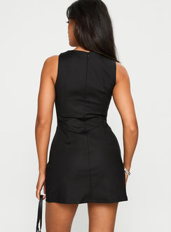 back view of model wearing Princess Polly Night Changes Cut Out Mini Dress Black Crew Neck 