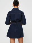Dark wash denim mini dress Classic collar, button fastening at front, twin chest pockets Non-stretch material, unlined 