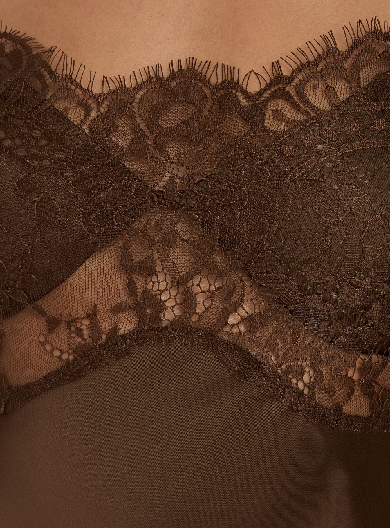 Cleosa Asymmetrical Lace Trim Satin Top Chocolate