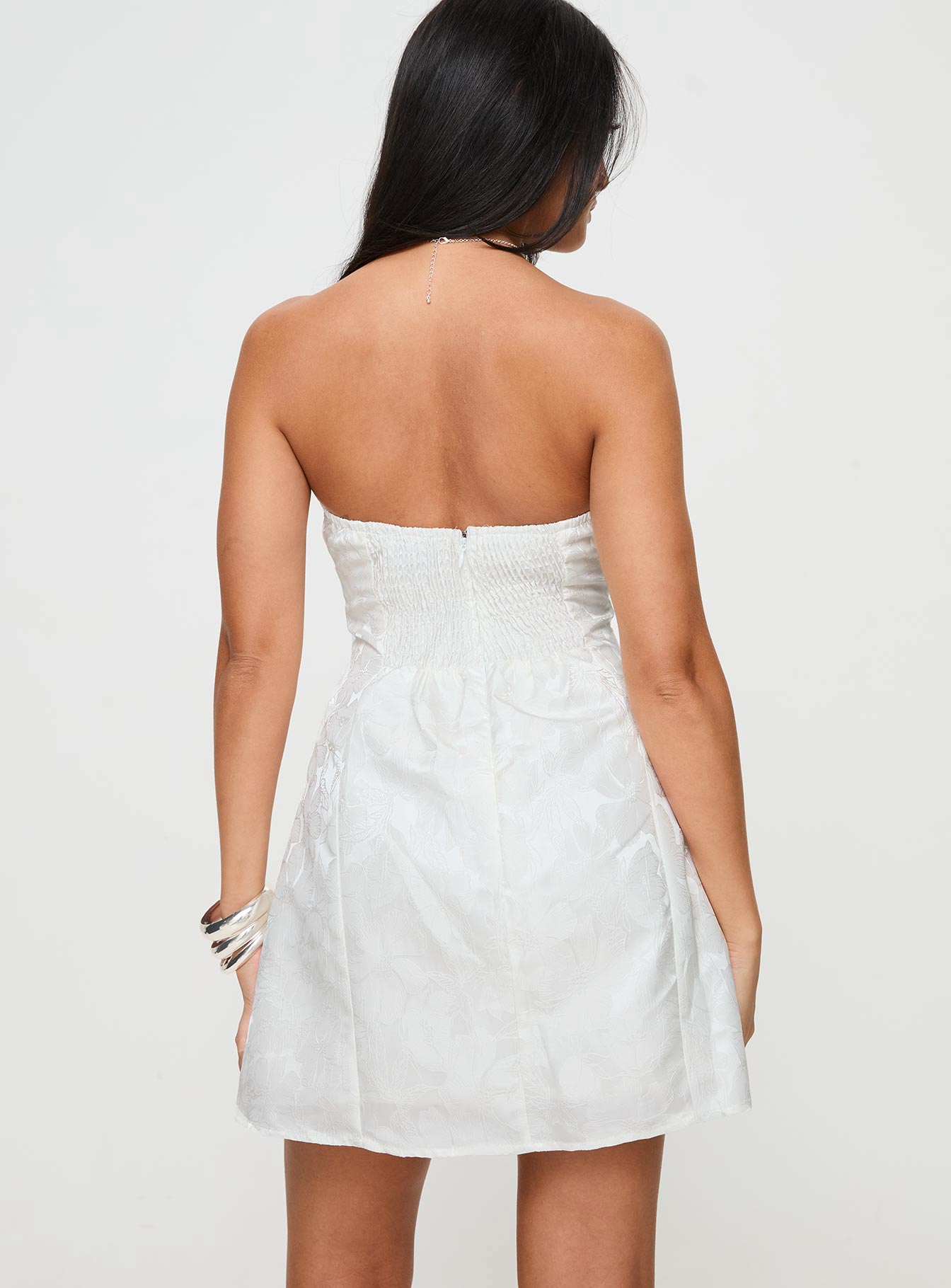 back view of model wearing Princess Polly Picard Strapless Mini Dress White Straight Neck 