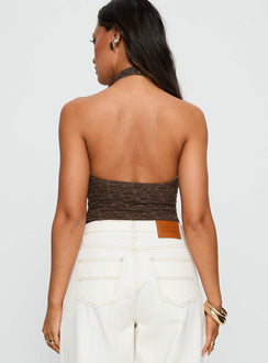 back view of model wearing Princess Polly Libbey Hardware Detail Textured Bodysuit Brown Sleeveless 