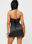 Strapless mini dress, silky material Inner silicone strip at bust, tie fastening at back, invisible zip at side