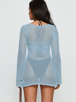 Rain Music Long Sleeve Beaded Knit Mini Dress Blue