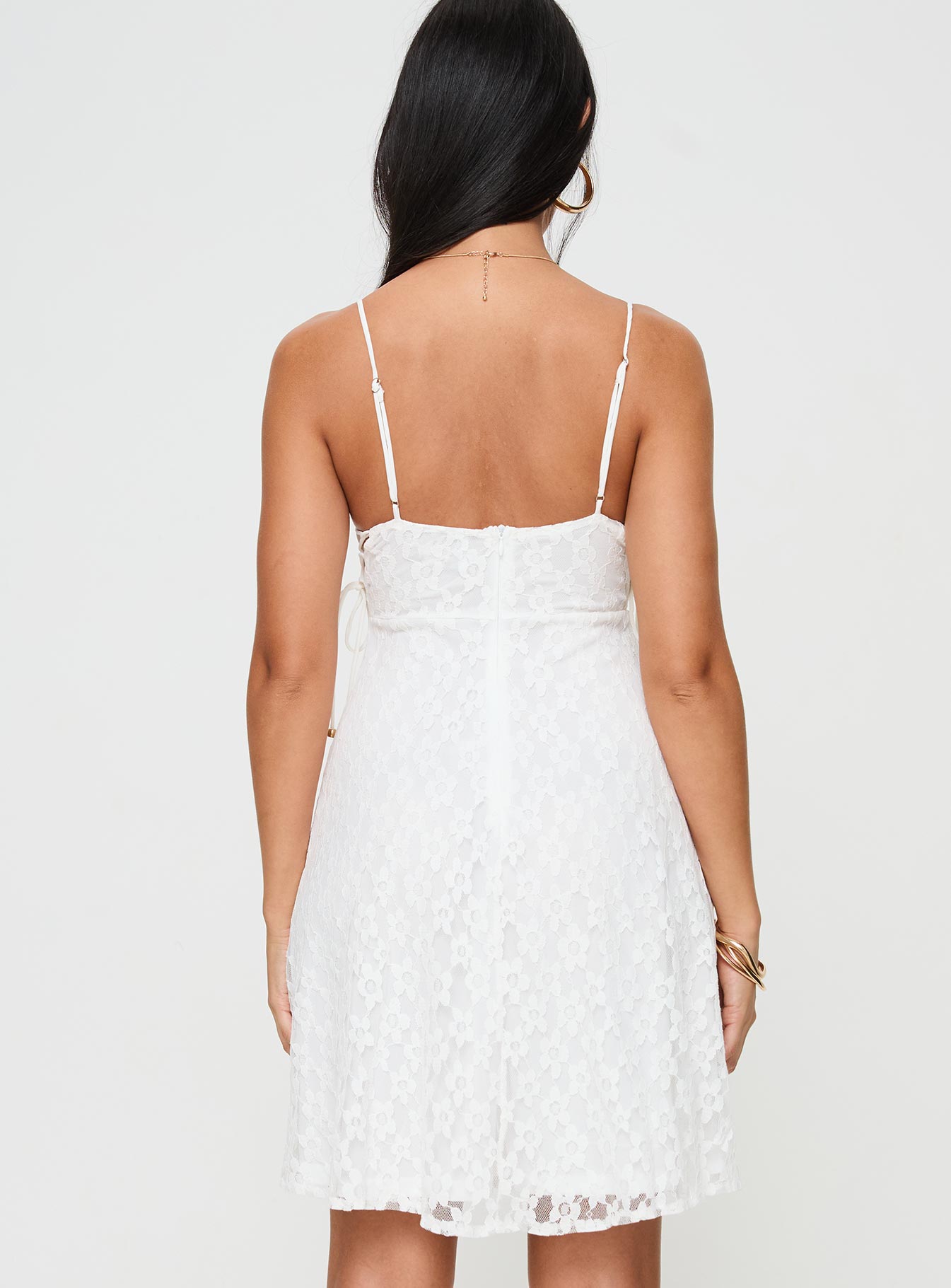 back view of model wearing Princess Polly At Last Lace Mini Dress White Square Neck 