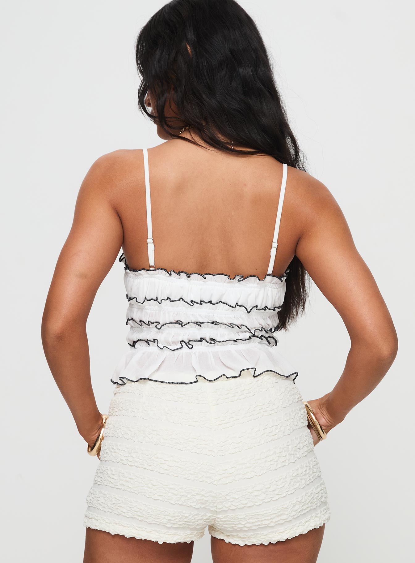 back view of model wearing Princess Polly Kiwi Top White Sleeveless Square Neck 