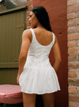 back view of model wearing Princess Polly Sweeter Places Embroidered Mini Dress White Boat Neck 