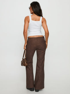 back view of model wearing Princess Polly Trickrider Tie Side Faux Leather Pants Chocolate Mid Rise Pants 