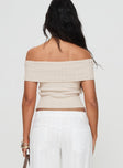 back view of model wearing Princess Polly Murmur Off Shoulder Top Beige Short Sleeves straight 