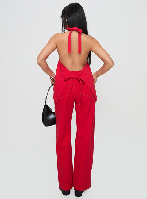 back view of model wearing Princess Polly Top Model Jeans Red Mid Rise 